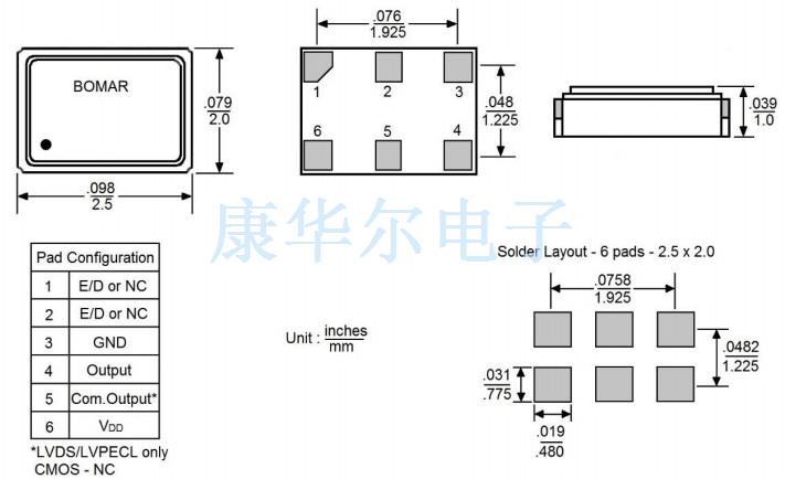 Bomar晶振,B1325-BAAS3T6-20.000000晶振,LVPECL贴片晶振