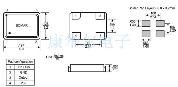 Bomar晶振,B1425-AADS3T-10.000000晶振,陶瓷时钟振荡器